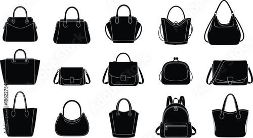 Women handbag silhouette collection, stylish fashion purses and shoulder bags set, modern female accessories, black bag shapes, vector illustration
