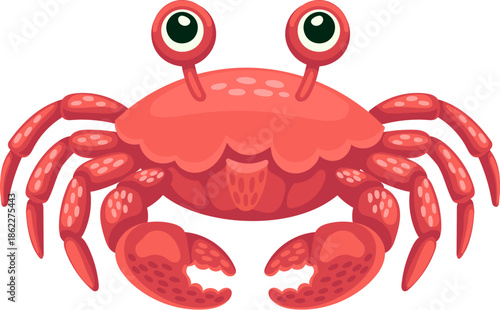Cartoon crab character with funny claws. Sea animal with pink shell and cute eyes. Happy crayfish seafood on beach near ocean. Cute cheerful marine crab mascot with red pincers