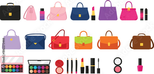 Women handbags and cosmetics flat illustration set, colorful fashion purses makeup products, modern female accessories collection, beauty items vector design