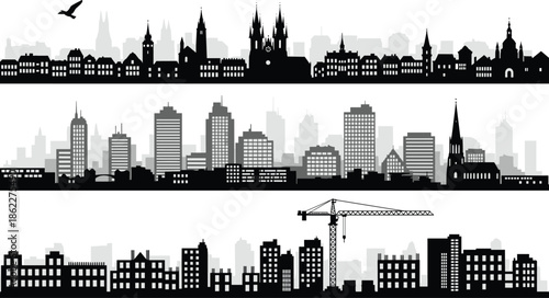 City skyline silhouette panorama set, historic and modern urban buildings, downtown architecture layers, construction crane cityscape, black vector illustration