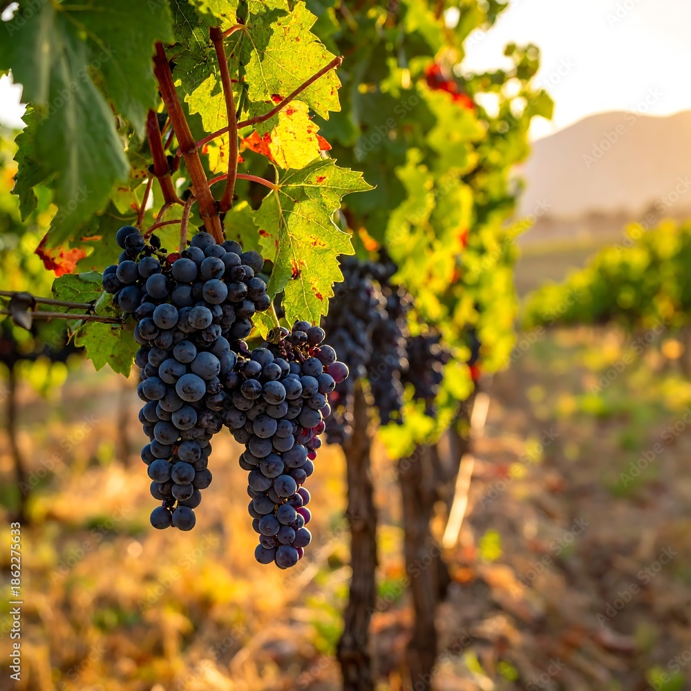 Fototapeta premium Close-up of a vineyard at sunset. Clusters of dark, ripe grapes hang from vines. Golden light bathes the field & mountains