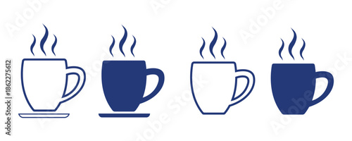 Four steaming dark blue coffee cups drink beverage Isolated On Transparent Background