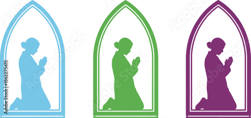 Ramadan mubarak silhouette of muslims praying in arched windows during holy month of ramadan