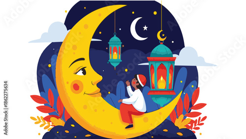 Ramadan nighttime scene with crescent moon and mosque