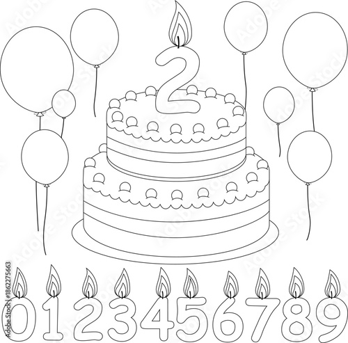 Kids birthday party cake for baby boys and girls. A happy birthday cake for children, balloons and number candles. Vector black and white coloring page.