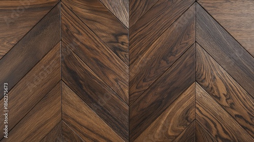 Rich dark wood planks form a classic chevron pattern for flooring.