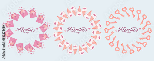 Set of three circular Valentine s Day wreaths love letters, ice cream cones with heart toppings, and heart-shaped keys. Each features Happy Valentine s Day text in the center