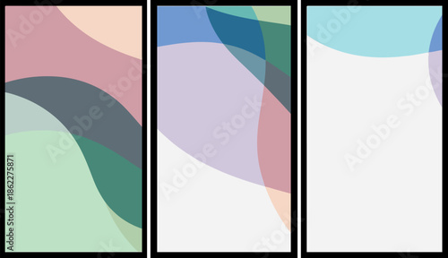 Abstract art triptych with soft colors and shapes