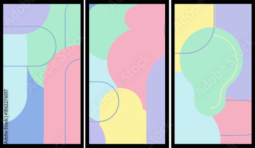 Vibrant abstract art triptych with pastel hues and geometric shapes