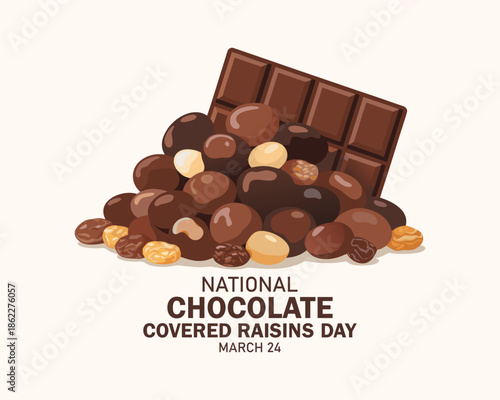 National Chocolate Covered Raisins Day vector illustration. Pile of raisins with chocolate icon. Group of chocolate covered raisins drawing. March 24 every year. Important day