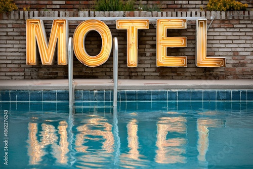 Retro neon motel sign reflecting in pool water at dusk