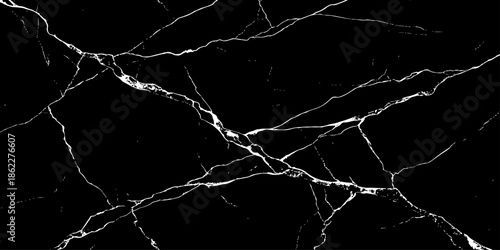 Abstract black marble texture featuring bold white lightning-like veins and natural stone cracks. High-contrast luxury dark background with a polished surface, ideal for modern design,  and branding.