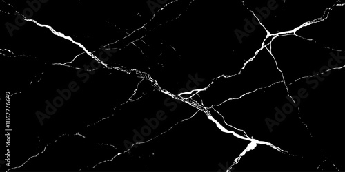 Abstract black marble texture featuring bold white lightning-like veins and natural stone cracks. High-contrast luxury dark background with a polished surface, ideal for modern design,  and branding.