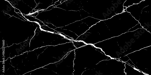 Abstract black marble texture featuring bold white lightning-like veins and natural stone cracks. High-contrast luxury dark background with a polished surface, ideal for modern design,  and branding.