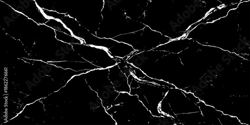 Abstract black marble texture featuring bold white lightning-like veins and natural stone cracks. High-contrast luxury dark background with a polished surface, ideal for modern design,  and branding.