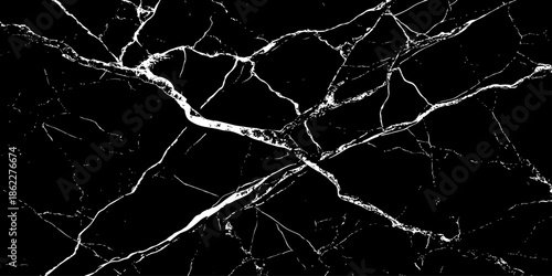 Abstract black marble texture featuring bold white lightning-like veins and natural stone cracks. High-contrast luxury dark background with a polished surface, ideal for modern design,  and branding.