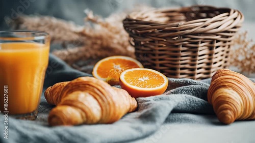 breakfast with a croissant juice in a glass and an orange, Breakfast with a Croissant, Fresh Orange Juice in a Glass, and a Ripe Orange on the Table