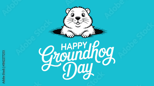 Happy groundhog day festive illustration with cute cartoon groundhog peeking from burrow on blue background, cheerful typography design for february 2 holiday posters and prints