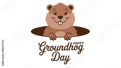 Happy groundhog day cute cartoon illustration with smiling groundhog peeking from burrow, playful character design for february 2 holiday greetings, posters and prints