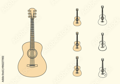 Collection of illustrations depicting various acoustic guitar styles and sizes