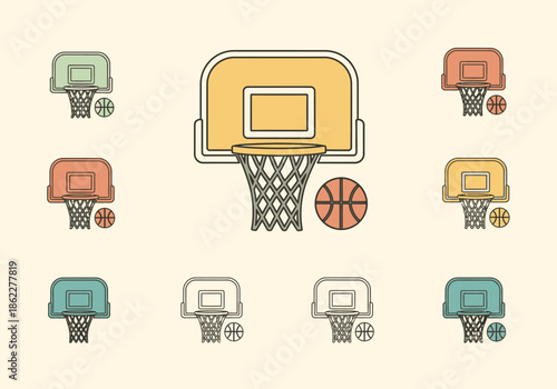 Collection of nine stylized basketball hoop and backboard icons with nets and balls