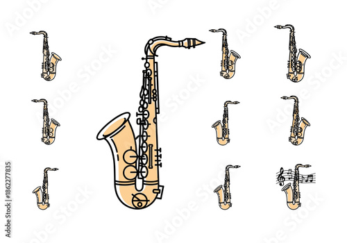 Collection of ten stylized saxophone illustrations on a white background