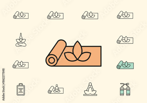 Collection of yoga and meditationrelated icons featuring rolled mats lotus symbols and figures