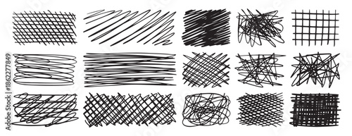 Hatch scribble element, hatching textured cross lines doodles. Pencil elements, sketch line texture, hand drawn scrawl rectangle collection