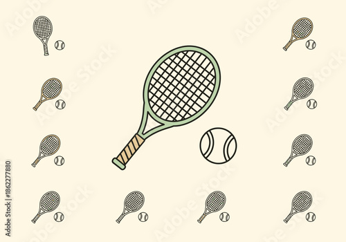 Doodle illustration of tennis rackets and balls on a light background