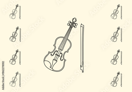 Outline drawing of a large violin and bow centered with smaller violin and bow icons lining the sides