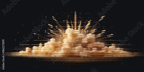 Bright sparks of burning celebration explode in the black night sky and orange light over the beach