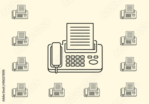 Outline drawing of one large and ten small fax machines on a pale background