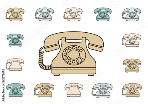 Pattern of vintage rotary telephones in beige and blue colors
