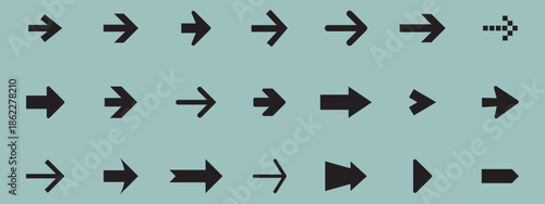 A set of 20 black arrow icons in various shapes and styles on a light turquoise background.