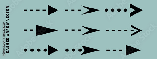 A set of black vector arrow icons pointing to the right, arranged in three rows on a uniform gray-green (teal) background.