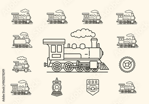 A collection of black outline icons depicting various styles of steam locomotives
