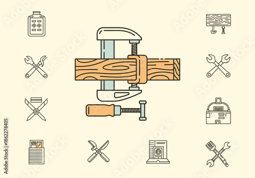 An illustration of a woodworking clamp holding two pieces of wood surrounded by tool icons
