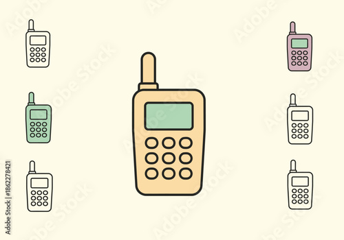 An illustration of one large and six small vintage mobile phones or walkietalkies