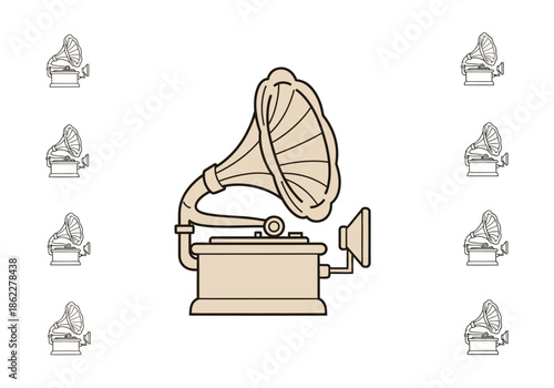 An illustration of one large and eight small gramophones on a white background