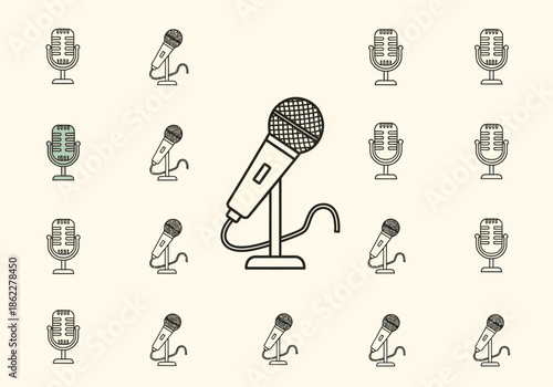 Array of microphone illustrations featuring one large central illustration