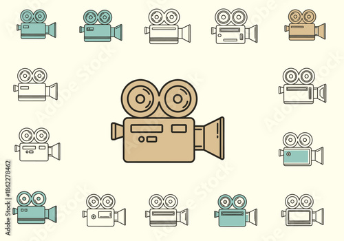 Assortment of vintage film camera icons in beige and teal outlines