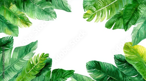 A vibrant watercolor illustration featuring lush green banana leaves framing a white space, perfect for text or design elements