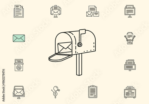 Black and white line art icons related to mail centered around an open mailbox with a letter inside