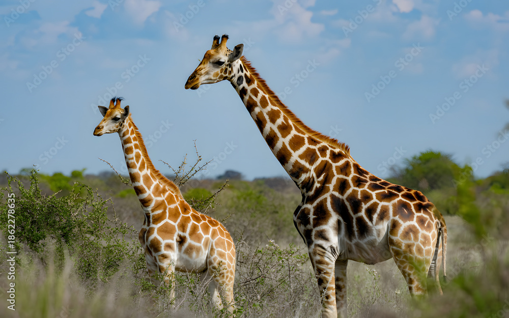 Obraz premium Majestic Giraffes in African Savanna | Wildlife Safari with Giraffes | African Giraffes in Natural Habitat | Tallest Animals of the Wild | Peaceful Savanna Wildlife Scene | Giraffes Grazing on Open.