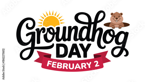 Groundhog day typography design with cute groundhog character, sun and shadow concept celebrating february 2 tradition, creative lettering illustration for holiday posters and prints