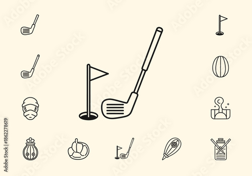 Collection of black line icons related to golf and other miscellaneous objects