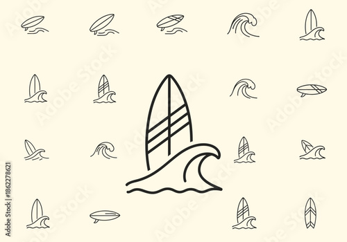Collection of black line art icons featuring surfboards and ocean waves on a light background