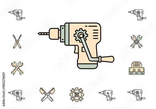 Collection of handcrank drill and tool icons in beige green and black outlines