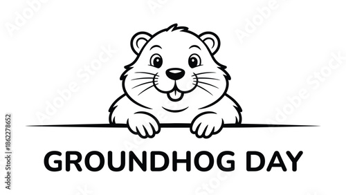 Cute groundhog day cartoon illustration with smiling marmot character peeking over line, simple black and white design for holiday greeting, posters, stickers and prints