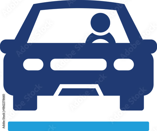 Minimalist Blue Car Icon with Driver Silhouette and Road Line for Transportation Apps